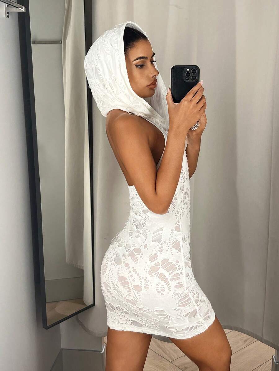 SHEIN ICON Cut Out Hooded Bodycon Dress - White - View 1