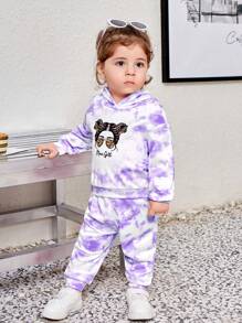 SHEIN Bebé niña Pantalones deportivos con capucha de tie dye con estampado de dibujos animados