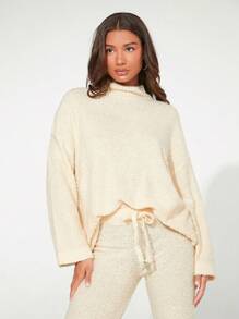 SHEIN BASICS Mock Neck Drop Shoulder Sweater - Apricot - View 3