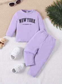 女嬰字母圖案 T 恤和褲子 - 紫色 - 查看 1