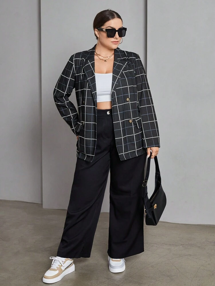 Plus Plaid Print Double Breasted Blazer