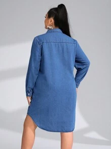 SHEIN LUNE Plus Button Front Curved Hem Denim Dress - Light Wash - View 2