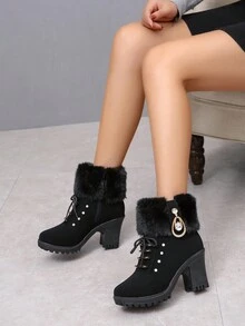 Autumn/winter New Arrival High Heel Short Boot With Side Zipper And Plush Lining For Women's Casual Fashion And Warmth - Black - View 4