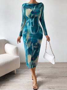 Zolique Tie Dye Boat Neck Bodycon Dress - Multicolor - View 1