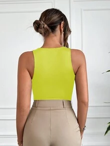 EURMUSE Solid Slim Fit Tank Bodysuit - Yellow - View 2