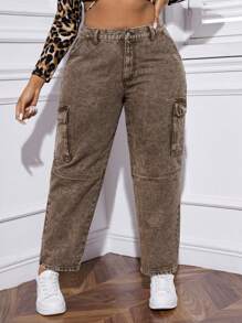 SHEIN SXY Hơn Túi nắp bên cạnh Quần jean chở hàng - Màu Khaki - Xem 4