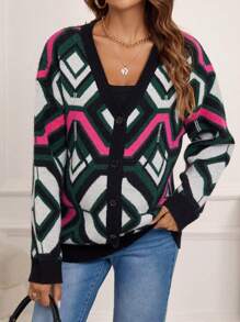 SHEIN 孕妇几何图案落肩开衫，适合冬季 - 彩色 - 查看 6