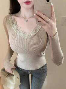 DAZY Jersey unicolor ribete con encaje de canalé delgado - Albaricoque - Ver 8