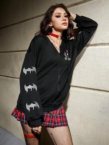 Batman X ROMWE 字母圖案拉鏈開襟抽繩連帽衫 - 黑色 - 查看 4