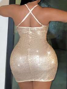 Slaydiva 大碼亮片吊帶緊身洋裝 - 杏色 - 查看 4