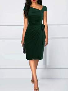 Solid Asymmetrical Neck Knot Side Ruched Wrap Dress - Dark Green - View 3