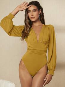 BizChic Plunging Neck Lantern Sleeve Ruched Bodysuit - Yellow - View 6