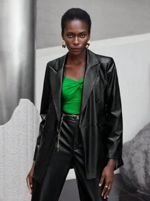 Maija Cổ áo không bâu Chi tiết về Flap chất liệu da PU Áo vest - màu đen - Xem 6