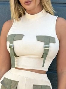 SHEIN SXY 翻蓋細節背心上衣和褲子 - 杏色 - 查看 4