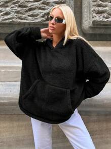 EURMUSE Kangaroo Pocket Drop Shoulder Teddy Hoodie - Black - View 5