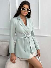 SHEIN Essnce 西裝領腰帶西裝外套 - 淺藍色 - 查看 6