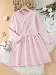 SHEIN Tween Girl Cable Knit Sweater Dress - Pink - View 1
