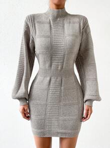 SHEIN Essnce Mock Neck Lantern Sleeve Mock Neck Bodycon Sweater Dress - Khaki - View 6