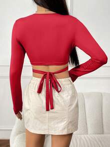 SHEIN EZwear Top crop vinculado con aro con cordón trasero - Rojo - Ver 2