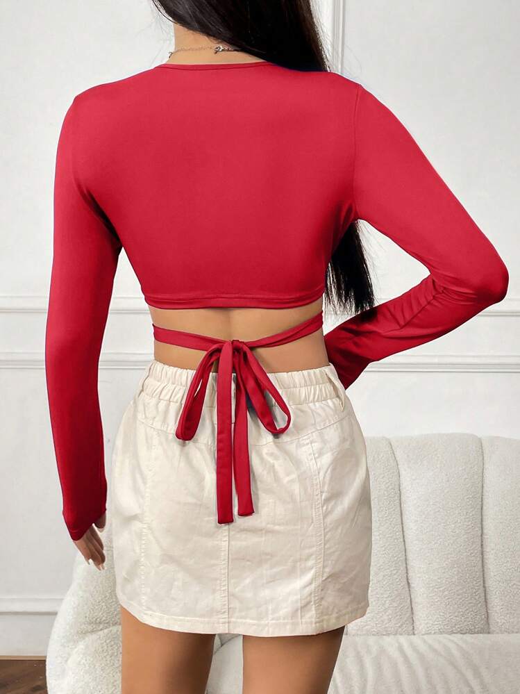 SHEIN EZwear 環鏈後綁帶短款上衣 - 紅色 - 查看 2