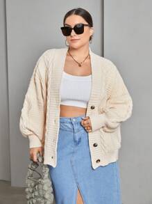 SHEIN Essnce 大碼麻花編織落肩袖前紐扣開襟衫 - 杏色 - 查看 4