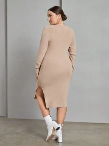 SHEIN Essnce Talla grande Vestido de punto ajustado de muslo con abertura tejido de canalé - Caqui - Ver 2