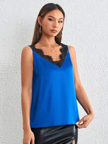 SHEIN Privé Top ribete con encaje en contraste de satén - azul real - Ver 4