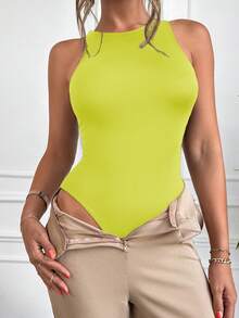 EURMUSE Solid Slim Fit Tank Bodysuit - Yellow - View 5