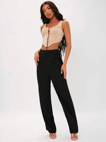 SHEIN Tall Chất rắn Xếp nếp quần ống rộng Quần tây - màu đen - Xem 3