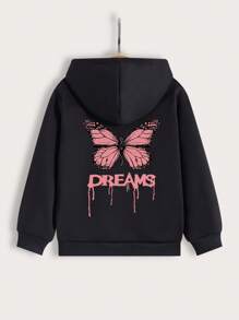 Young Girl Letter & Butterfly Print Thermal Sweatshirt - Black - View 1