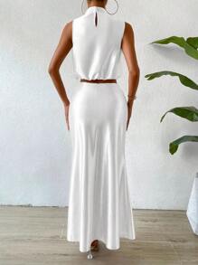 Chiquease Solid Crop Tank Top & Mermaid Hem Skirt - White - View 2