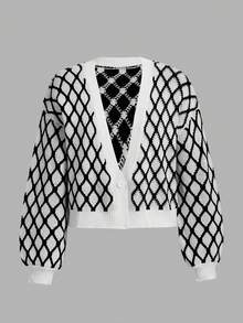 SHEIN ICON 菱形印花落肩袖短款開衫 - 黑與白 - 查看 2