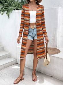 SHEIN VCAY Geo Print Open Front Longline Coat - Multicolor - View 3