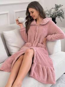 Ruffle Hem Flannel Pajama Night Dress Long Dress - Dusty Pink - View 4