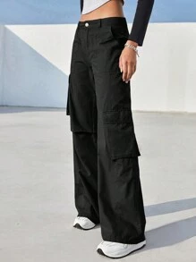 SHEIN EZwear Flap Pocket Side Cargo Pants - Black - View 6
