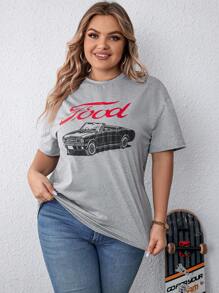 SHEIN EZwear 大碼汽車和字母圖案落肩T恤 - 灰色 - 查看 3