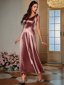 SHEIN Belle 肩部繫帶緞面洋裝 - 藕粉色 - 查看 4