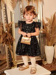Baby Girl Star Print Ruffle Trim Mesh Overlay Dress - Black - View 1
