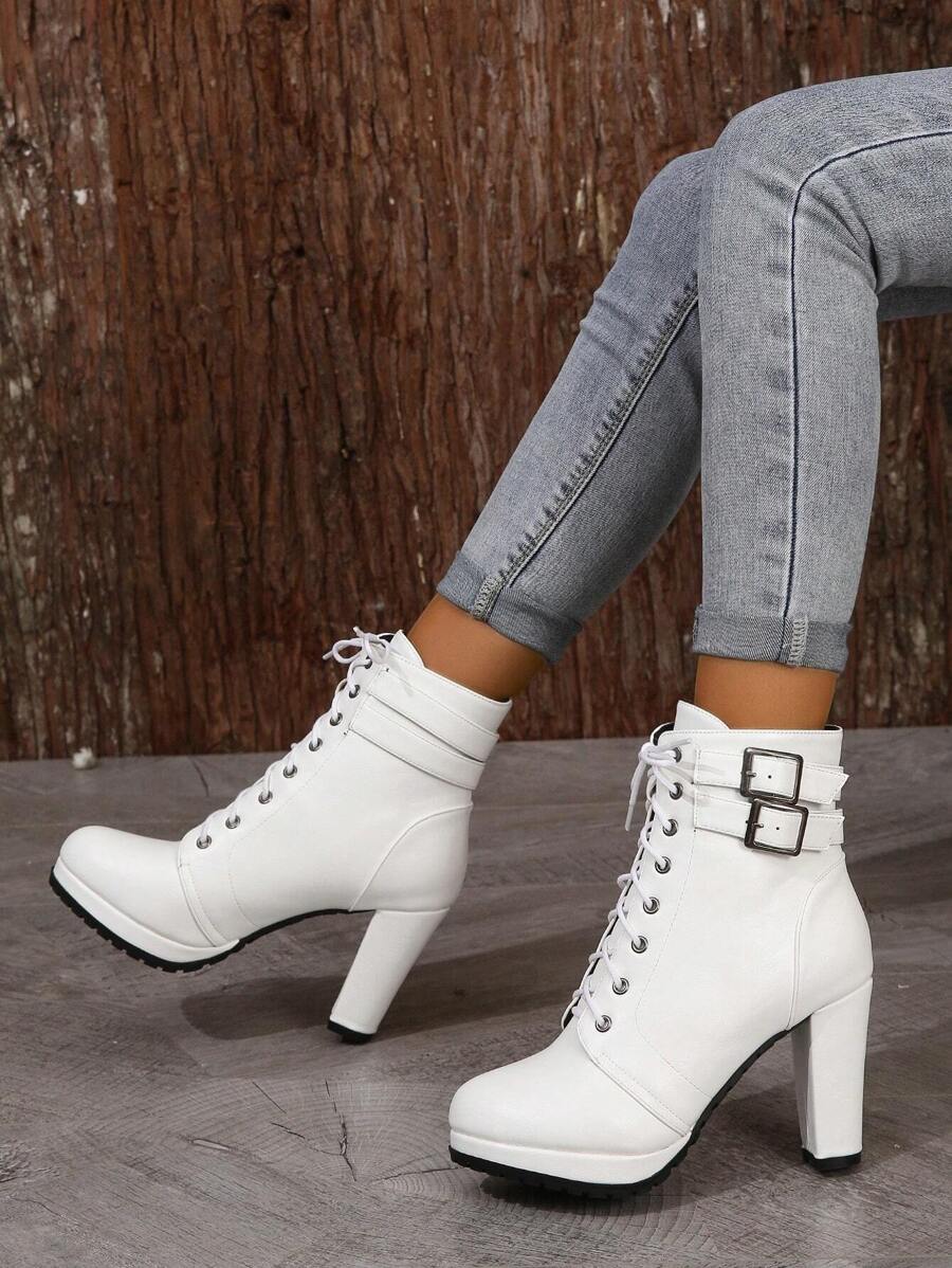 女士时尚秋冬户外休闲靴，高跟鞋，厚底高跟鞋 - 白色 - 查看 1