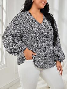 EMERY ROSE 大碼樹葉印花燈籠袖襯衫 - 黑與白 - 查看 4