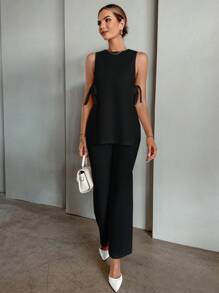 Shein Essnce Women Airport Outfit Spring And Autumn Gray Fleece Distressed Stripe Side Slit Bowknot T-Shirt And Loose Pants Set - Black - View 5