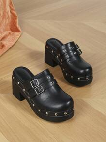 女士厚底滑入式馬車鞋,亮釦細節無後跟設計,休閒穿著款式流行 - 黑色 - 查看 3