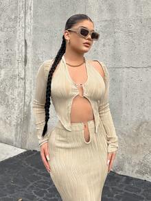 SHEIN SXY 環鏈繞頸不對稱下擺短款上衣帶前胸敞開短上衣 - 卡其色 - 查看 3