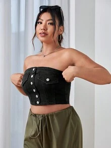 SHEIN EZwear Plus Button Front Tube Denim Top - Black - View 5