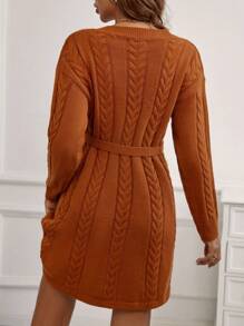SHEIN 孕妇麻花针织落肩系带毛衣连衣裙，适合冬季 - 棕色 - 查看 2