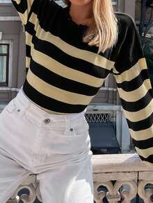 SHEIN 條紋圖案落肩袖仿舊邊套頭毛衣 - 黑色 - 查看 3