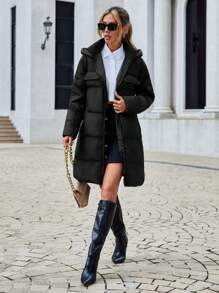 EURMUSE Zip Up Hooded Puffer Coat - Black - View 4