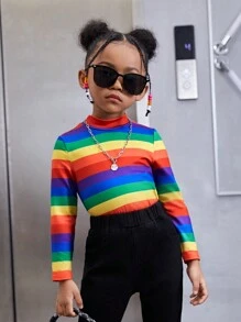 SHEIN 年轻女孩基本款休闲彩虹条纹立领长袖针织上衣，秋冬 - 彩色 - 查看 4