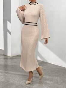 SHEIN Privé 拼接邊小高領燈籠袖洋裝 - 杏色 - 查看 5