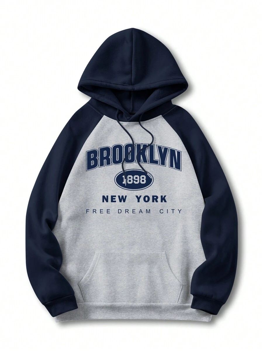 Nam Đồ họa Chữ cái Tay Raglan Dây rút Lót nhiệt Hoodie - Xám - Xem 1